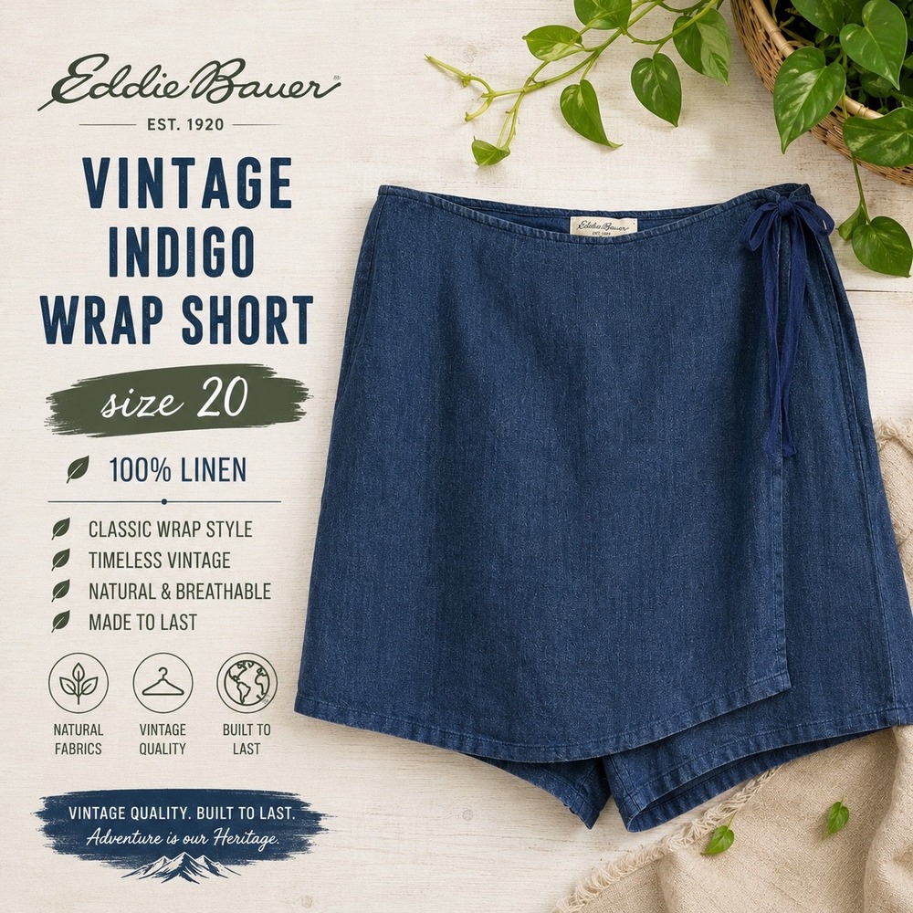 Eddie Bauer Vintage Indigo Blue 100% Linen Wrap Skort Shorts Womens Size 20